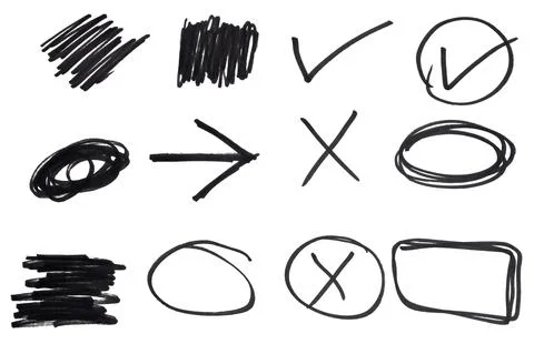 Black marker scribble set design elements isolated on white Stock Illustration