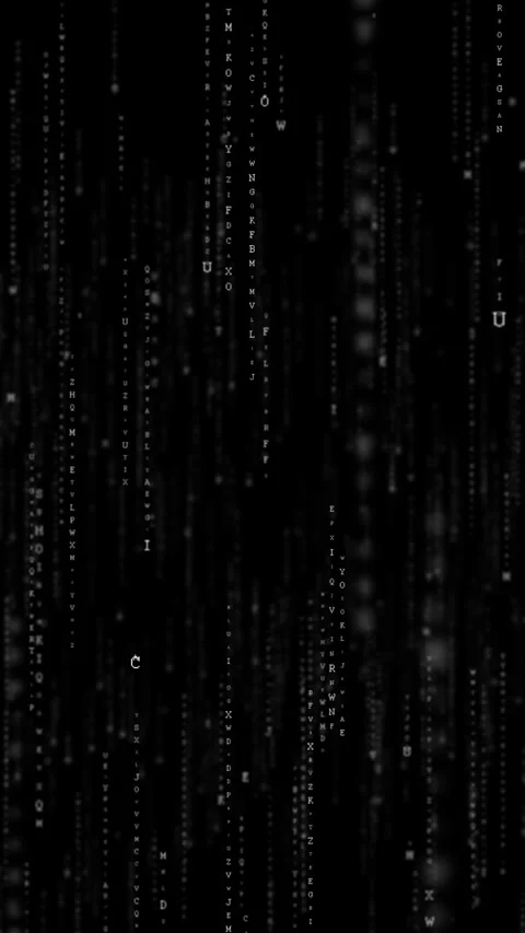 Black matrix letter rain background monochrome falling characters, vertical code Stock Footage 340479649