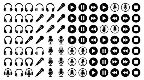 Black media player controls and audio recording equipment vector icon set Stock Illustration