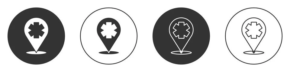 Black Medical map pointer with cross hospital icon isolated on white background 스톡 일러스트