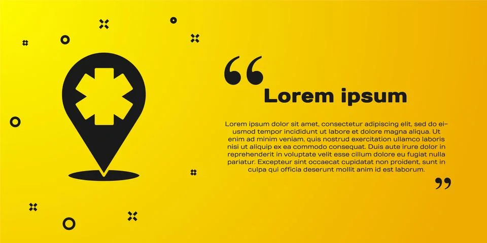 Black Medical map pointer with cross hospital icon isolated on yellow background 스톡 일러스트