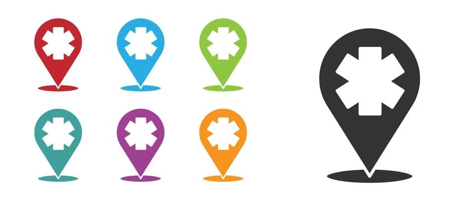 Black Medical map pointer with cross hospital icon isolated on white background Stock Illustration