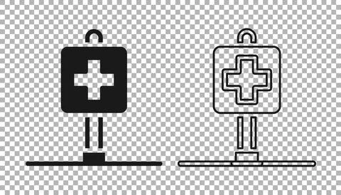Black Medical map pointer with cross hospital icon isolated on transparent Stock Illustration
