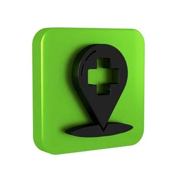 Black Medical map pointer with cross hospital icon isolated on transparent .. Stock Illustration