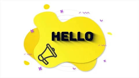 Black megaphone with text Hello. Memphis style banner with abstract geometric Stock Footage 165787542