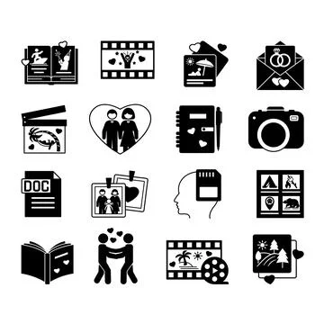 Black Memory Love Icons. Vector Illustrations: Book Story, Reels Media, Pic.. Stock Illustration