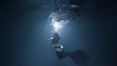 Black Mermaid Underwater Girl with Tail Stock Footage