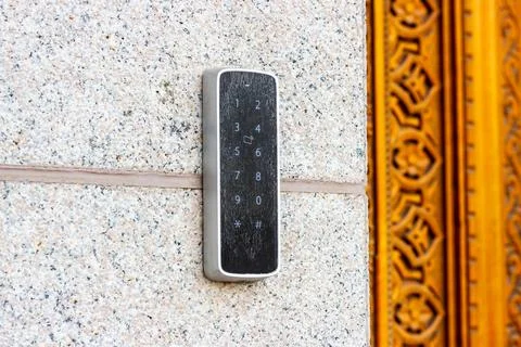 Black metal electric code lock with the digital keypad and card access Stock Photos