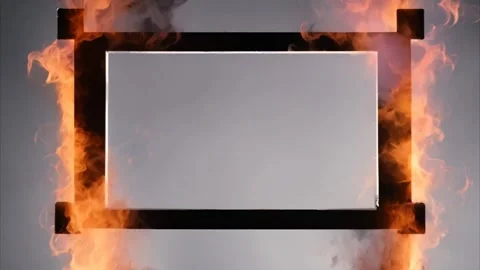 Black metal frame on a gray background, fire flames on the sides. Stock Footage 273954577