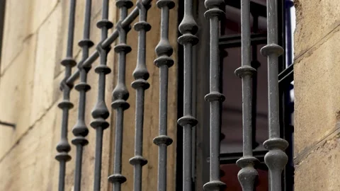 Black metal patterned security grille (lattice) of a building window close-up Stock Footage 201861227