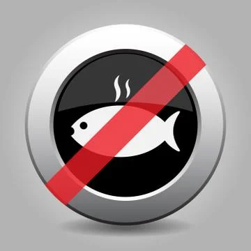 Black metallic banned button, fish with smoke icon Stock Illustration