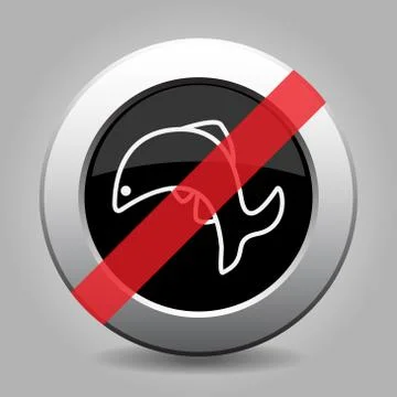 Black metallic button, white jumping fish ban icon Stock Illustration