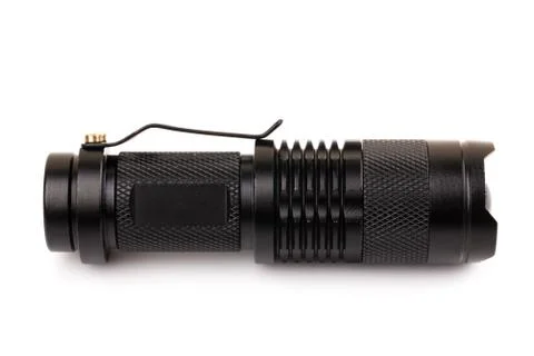 Black metallic flashlight isolate on white background Stock Photos