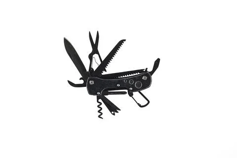 A  black metallic multitool  expanded and isolated on white Stock-Fotos
