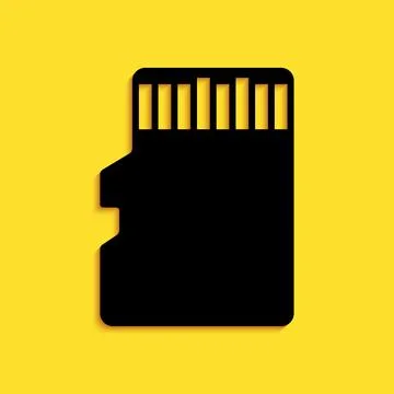 Black Micro SD memory card icon isolated on yellow background. Long shadow style Illustrazione stock