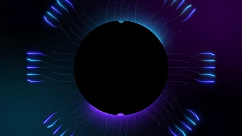 A black microchip. Lines of light. Electronics. Blue color. Round shape. Stock Footage 250131561