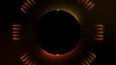 A black microchip. Lines of light. Electronics. Orange color. Round shape. Stock Footage 250131563