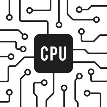 Black microchip on thin line circuit board Illustrazione stock