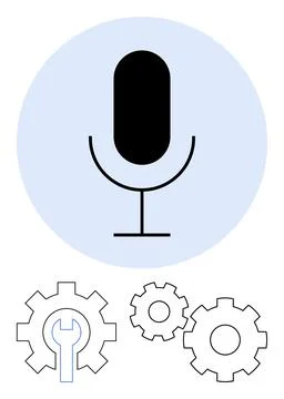 Black microphone in blue circle, surrounded by three interconnected gears wit Stock Illustration