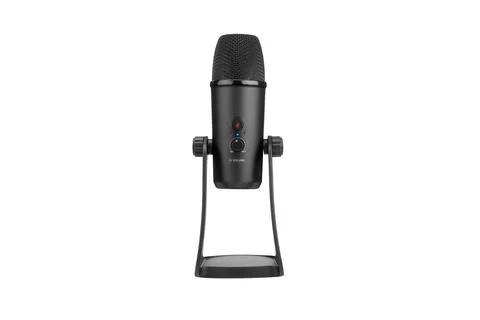 Black microphone isolated on white background. Podcast or studio concept for Stock Photos