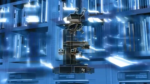 Black microscopes rotating in lab blue background Stock-Footage 255921224