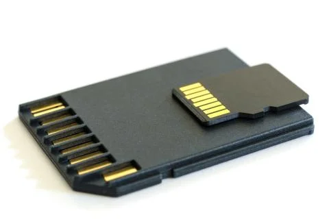 Black microsd memory card and sd card adapter Foto stock