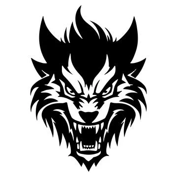 Black Minimalist Devil Wolf Head Tattoo or Logo Design. Vector Demon Mascott Illustrazione stock