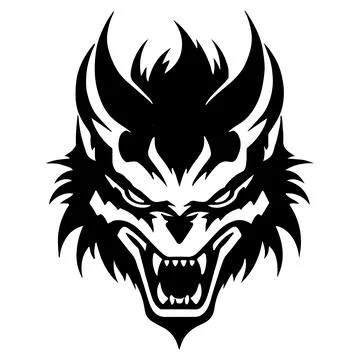 Black Minimalist Devil Wolf Head Tattoo or Logo Design. Vector Demon Mascott Illustrazione stock