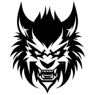 Black Minimalist Devil Wolf Head Tattoo or Logo Design. Vector Demon Mascott 스톡 일러스트