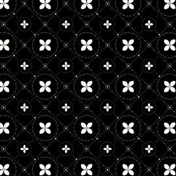 Black Minimalist Geomatics Seamless Pattern with Floral Icons and Diamond T.. イラスト素材
