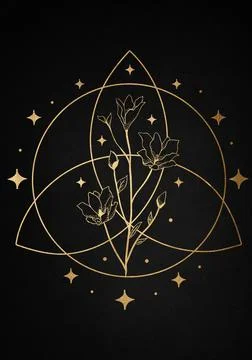 Black minimalistic abstract background with flower and mystical elements. Bus Stock Illustration