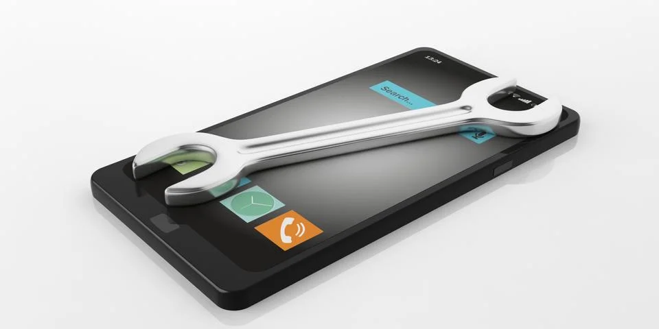 Black Mobile phone smartphone Spanner silver white background Stock Illustration