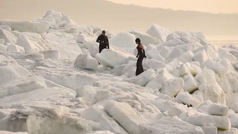 The Black model on the ice Stock Footage 74140091