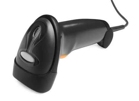 Black modern barcode scanner isolated on white Stockfoto's
