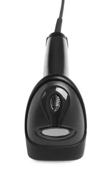 Black modern barcode scanner isolated on white Stockfoto's