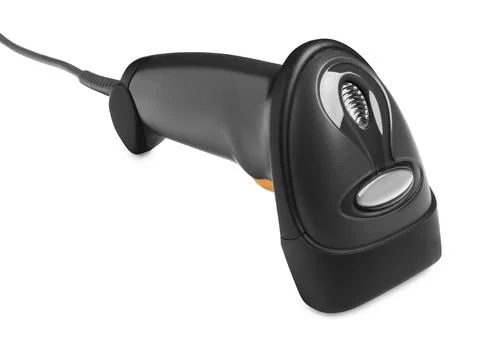 Black modern barcode scanner isolated on white 스톡 사진