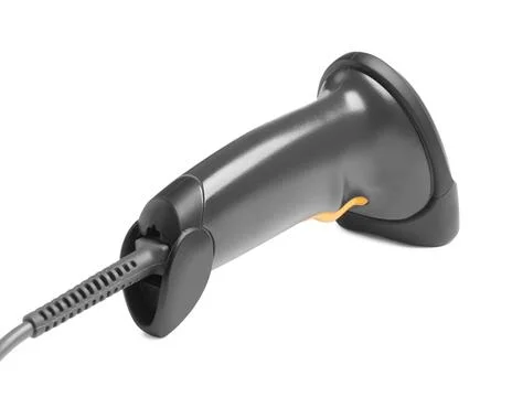 Black modern barcode scanner isolated on white 스톡 사진
