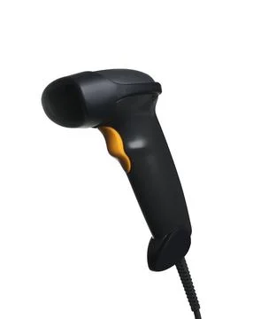 Black modern barcode scanner isolated on white Stockfoto's