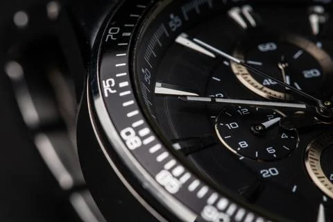 Black modern clock face. close up background Stock Photos
