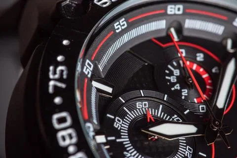 Black modern clock face. close up background Stock Photos