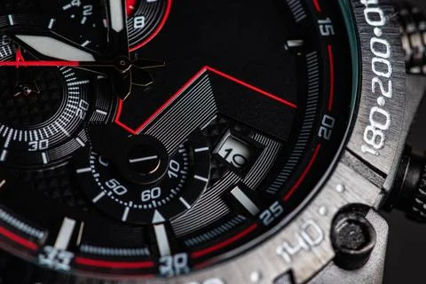 Black modern clock face. close up background Stock Photos