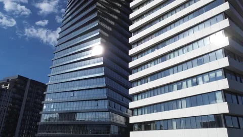 Black Modern High-Rise Tower From Rooftop to Ground Level in Tbilisi 스톡 동영상 336546943