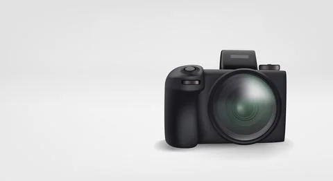 Black modern ptoto camera. 3d vector banner with copy space Stock Illustration