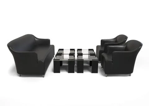 Black modern sofa with two black armchairs and coffee tables - 3D Render Illustrazione stock