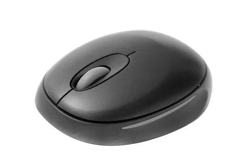 A black modern wireless computer mouse with a sleek design, isolated on white ba Stock Photos