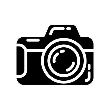 Black monochrome camera icon featuring a classic camera body, lens, viewfin.. Иллюстрация