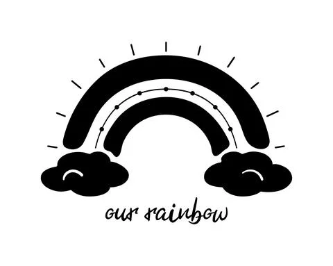 Black monochrome rainbow with text. Flat rainbow with clouds, abstract hand d Stock Illustration