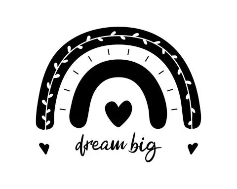Black monochrome rainbow with text. Flat rainbow with clouds, abstract hand d Stock Illustration