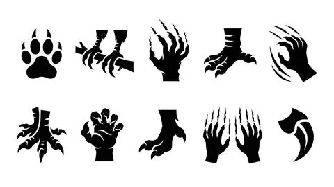 Black monster paw and claw icons set for fantasy horror or animalistic design Stock Illustration