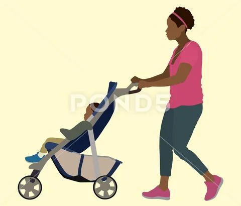 Black Mother Pushing Baby in Stroller Stock Illustration